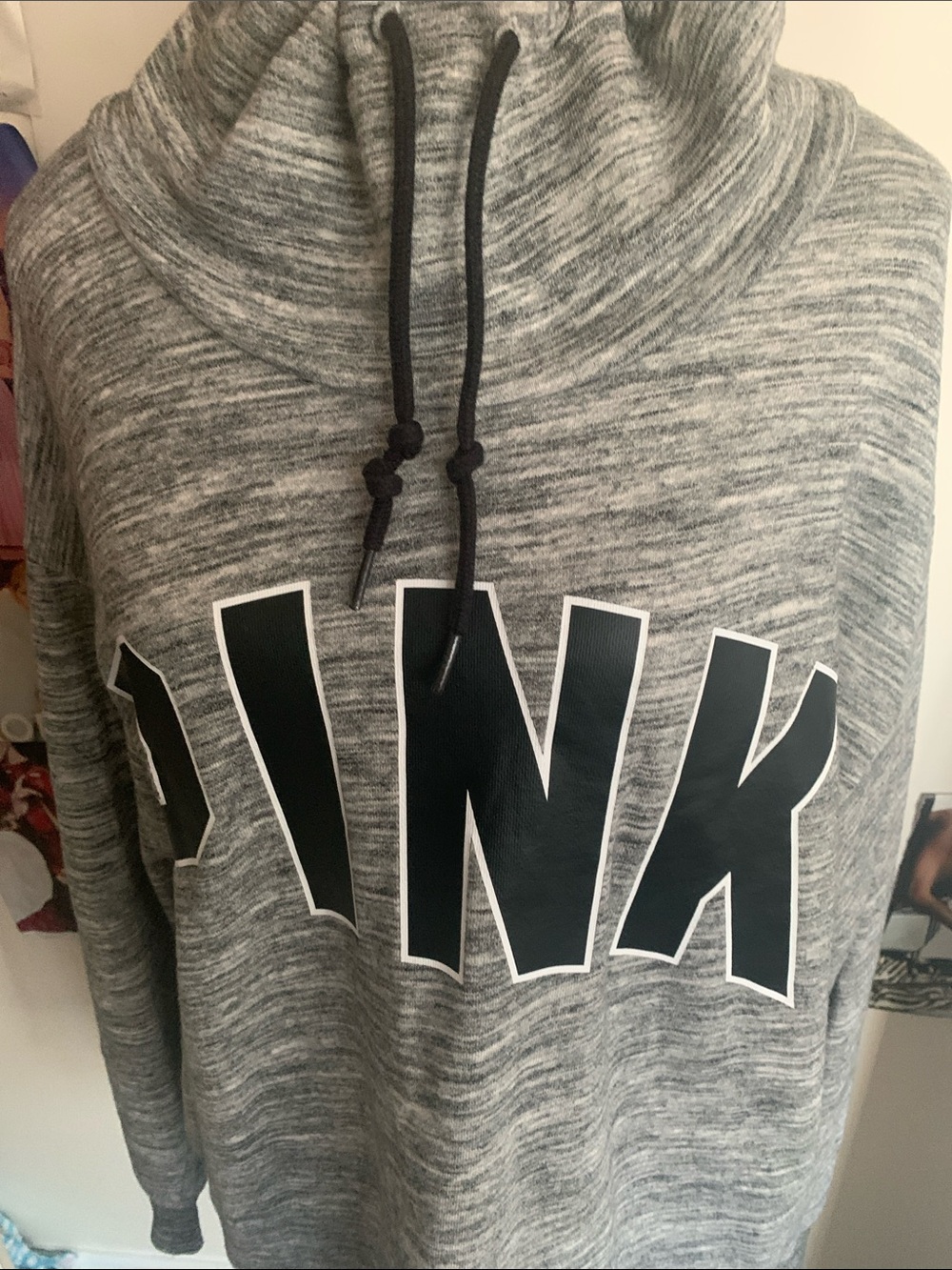 PINK Victoria's Secret Gray Funnel Neck Hoodie with Black Logo - Picture 6 of 10